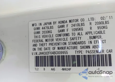 2011 Acura Tsx 2.4 from USA, damaged, VIN JH4CU2F64BC009955